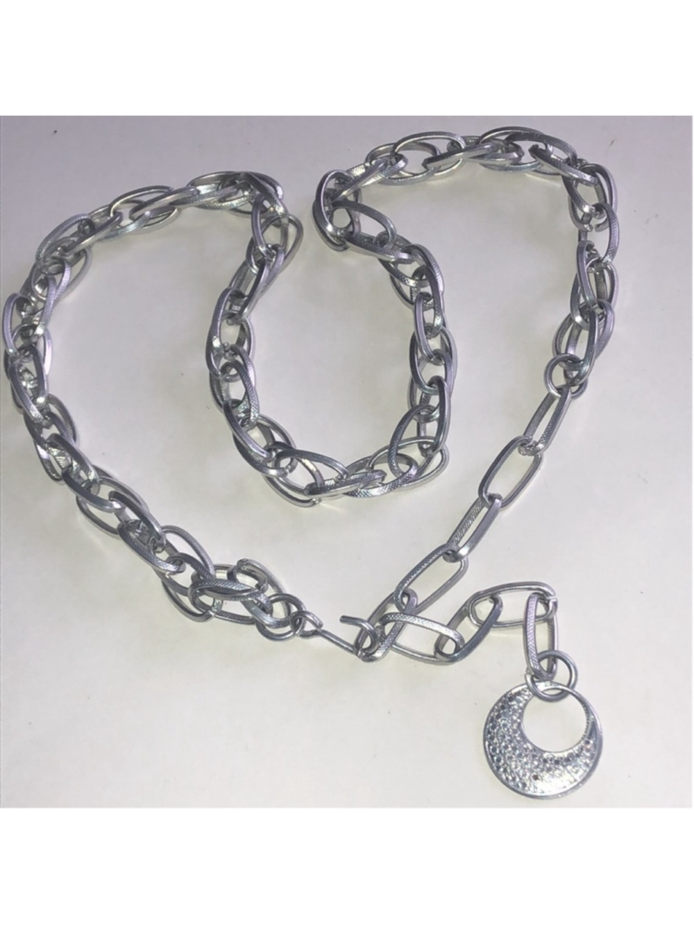 Silver Tone Link Chain Belt with Textured Disc Pendant